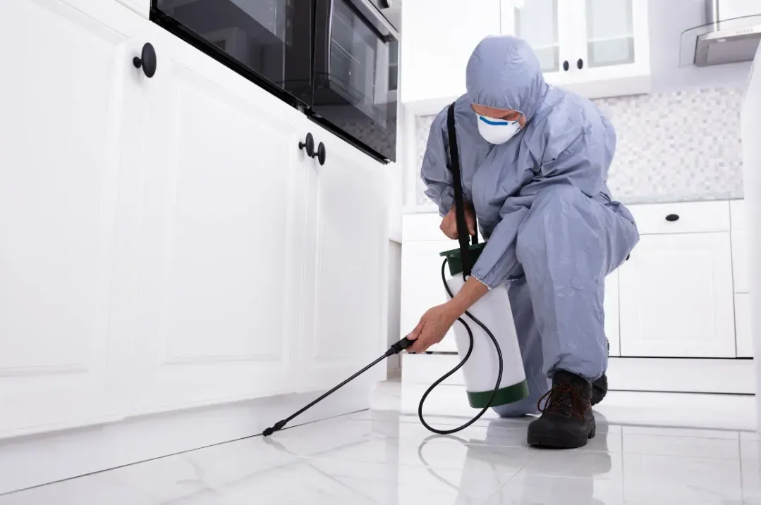 Worker in blue coveralls for pest control services in Apache Junction, AZ.