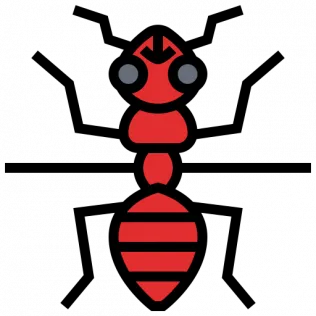 A stylized, flat-design icon of a bright red ant facing forward on a white background.