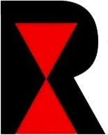 Black and red geometric logo forming an hourglass shape inside a stylized letter R