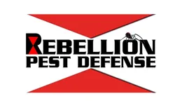 The Rebellion Pest Defense logo features black text on a red hourglass shape with a small spider icon atop the letters.