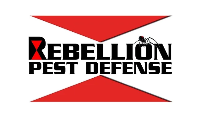 Logo for Rebellion Pest Defense featuring a black spider icon on a red hourglass background with bold black text.