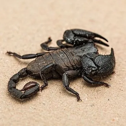 A dark brown scorpion with large, textured claws curled on a flat, beige surface.